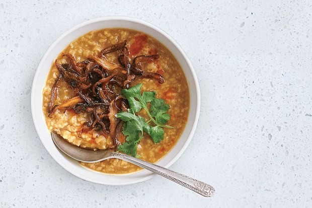 turkey congee with crispy shiitake mushrooms